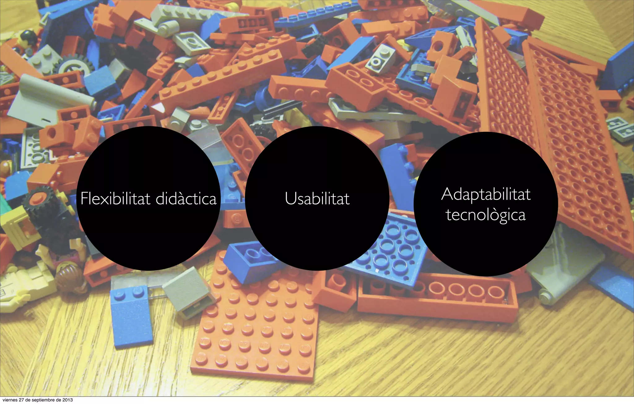 Flexibilitat didàctica

viernes 27 de septiembre de 2013

Usabilitat

Adaptabilitat
tecnològica

 