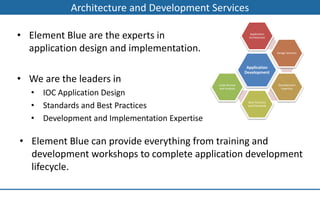 Architecture and Development Services

• Element Blue are the experts in                                Application
                                                                 Architecture



  application design and implementation.                                         Design Services



                                                                Application
                                                               Development
• We are the leaders in                         Code Review                      Development
                                                                                   Expertise
   • IOC Application Design
                                                and Analysis




   • Standards and Best Practices
                                                                Best Practices
                                                                and Standards



   • Development and Implementation Expertise

• Element Blue can provide everything from training and
  development workshops to complete application development
  lifecycle.
 