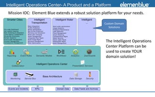 Intelligent Operations Center- A Product and a Platform
 Mission IOC: Element Blue extends a robust solution platform for your needs.

                                                      Custom Domain
                                                         Solutions



                                                       The Intelligent Operations
                                                       Center Platform can be
                                                       used to create YOUR
                                                       domain solution!
 