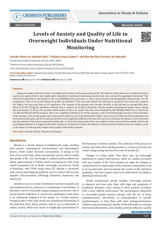Levels Of Anxiety And Quality Of Life In Overweight Individuals Under