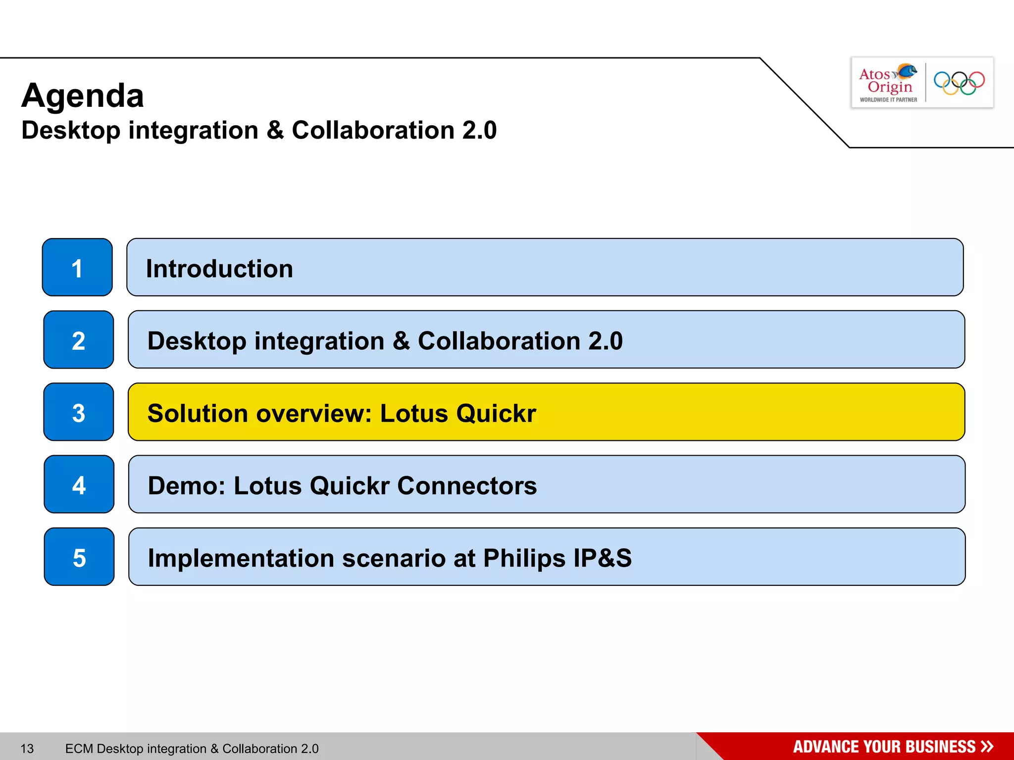 Agenda Desktop integration & Collaboration 2.0  Desktop integration & Collaboration 2.0 2 Introduction 3 Solution overview: Lotus Quickr 1 Solution overview: Lotus Quickr 4 Demo: Lotus Quickr Connectors 5 Implementation scenario at Philips IP&S 