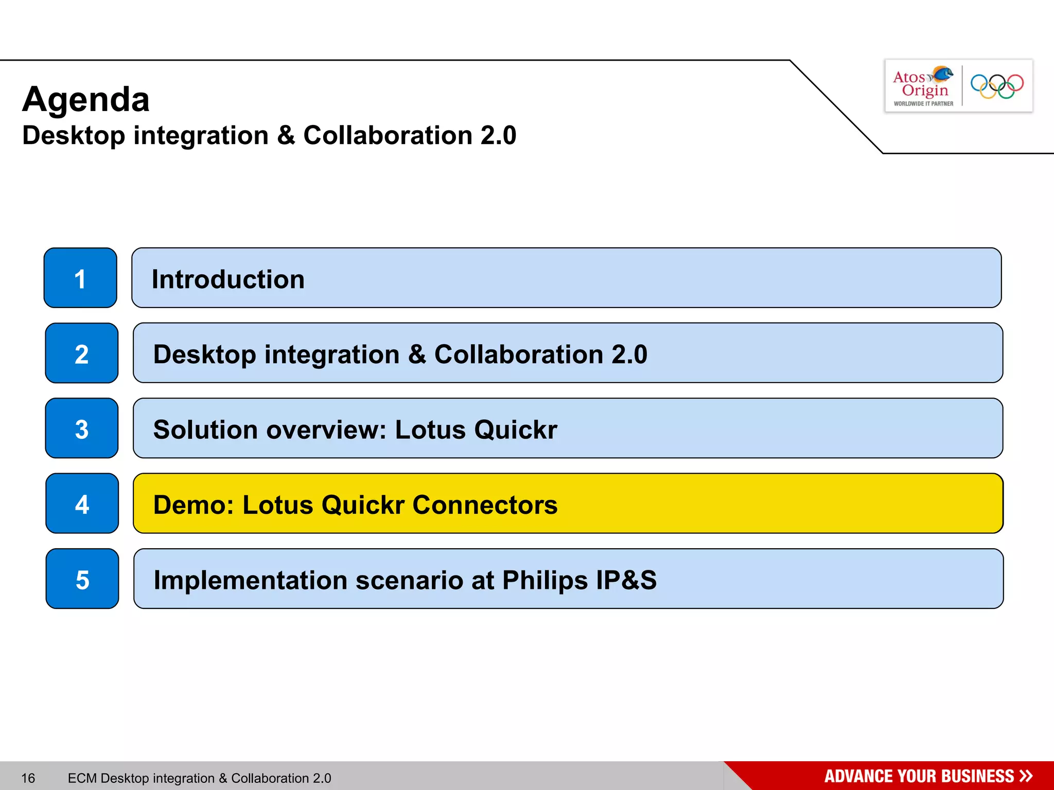 Agenda Desktop integration & Collaboration 2.0  Desktop integration & Collaboration 2.0 2 Introduction 3 Solution overview: Lotus Quickr 1 4 Demo: Lotus Quickr Connectors Demo: Lotus Quickr Connectors 5 Implementation scenario at Philips IP&S 