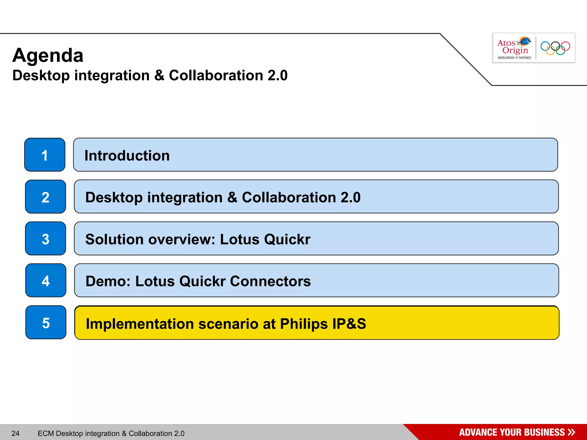 Agenda Desktop integration & Collaboration 2.0  Desktop integration & Collaboration 2.0 2 Introduction 3 Solution overview: Lotus Quickr 1 4 Demo: Lotus Quickr Connectors Implementation scenario at Philips IP&S 5 Implementation scenario at Philips IP&S 