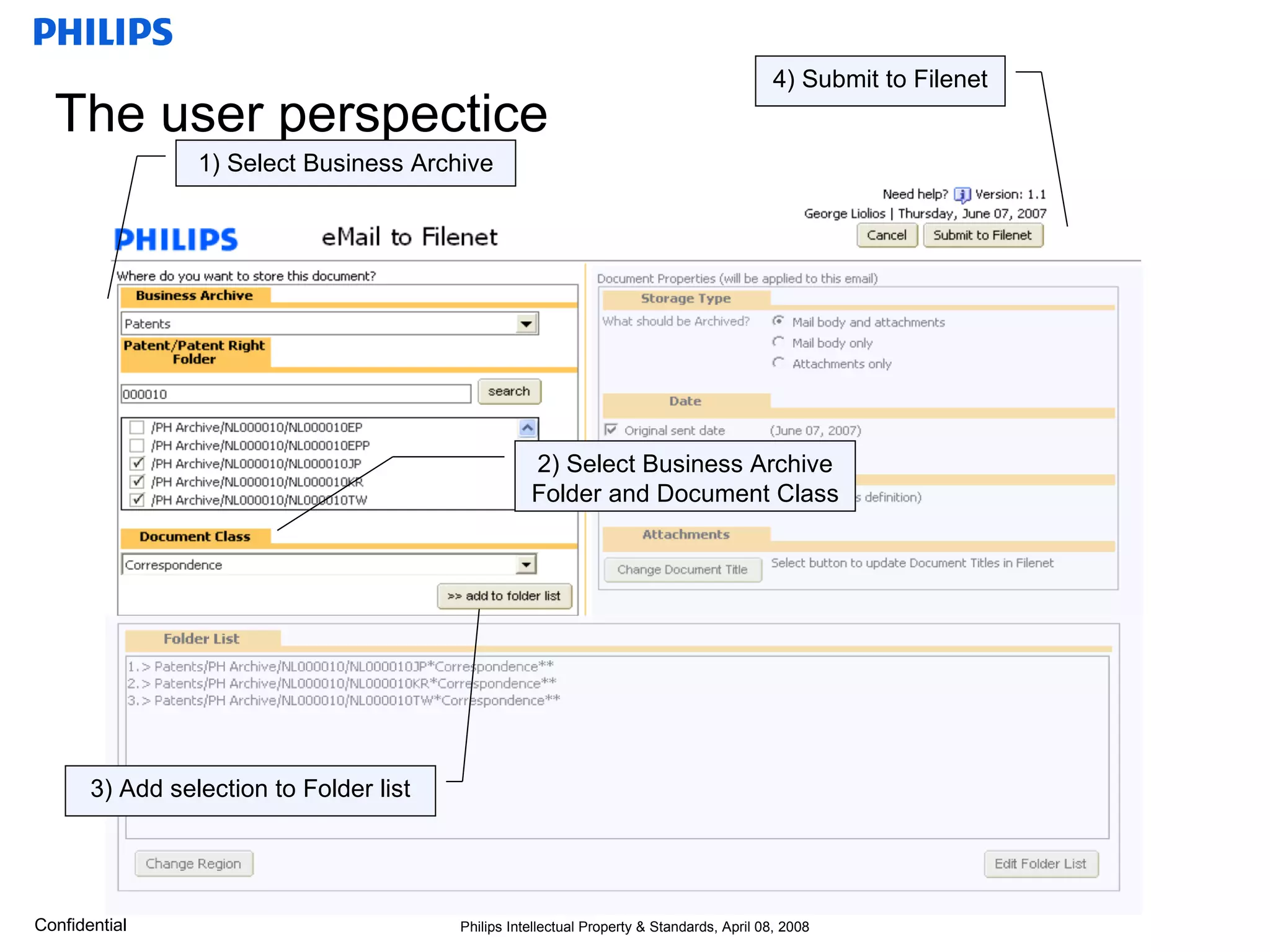 The user perspectice 1) Select Business Archive 4) Submit to Filenet 2) Select Business Archive Folder and Document Class 3) Add selection to Folder list 