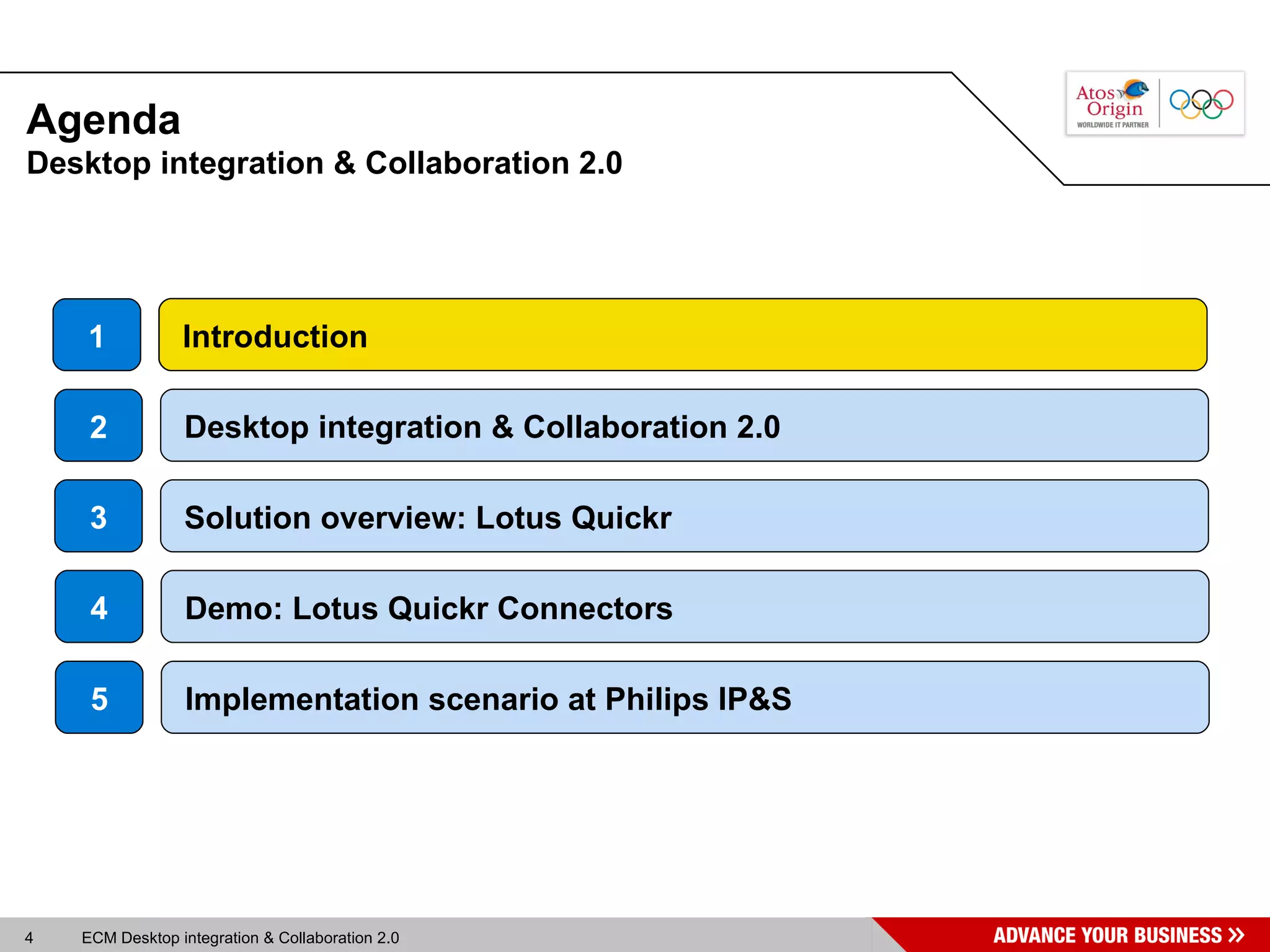 Agenda Introduction Introduction 1 Desktop integration & Collaboration 2.0  3 Solution overview: Lotus Quickr Desktop integration & Collaboration 2.0 2 4 Demo: Lotus Quickr Connectors 5 Implementation scenario at Philips IP&S 