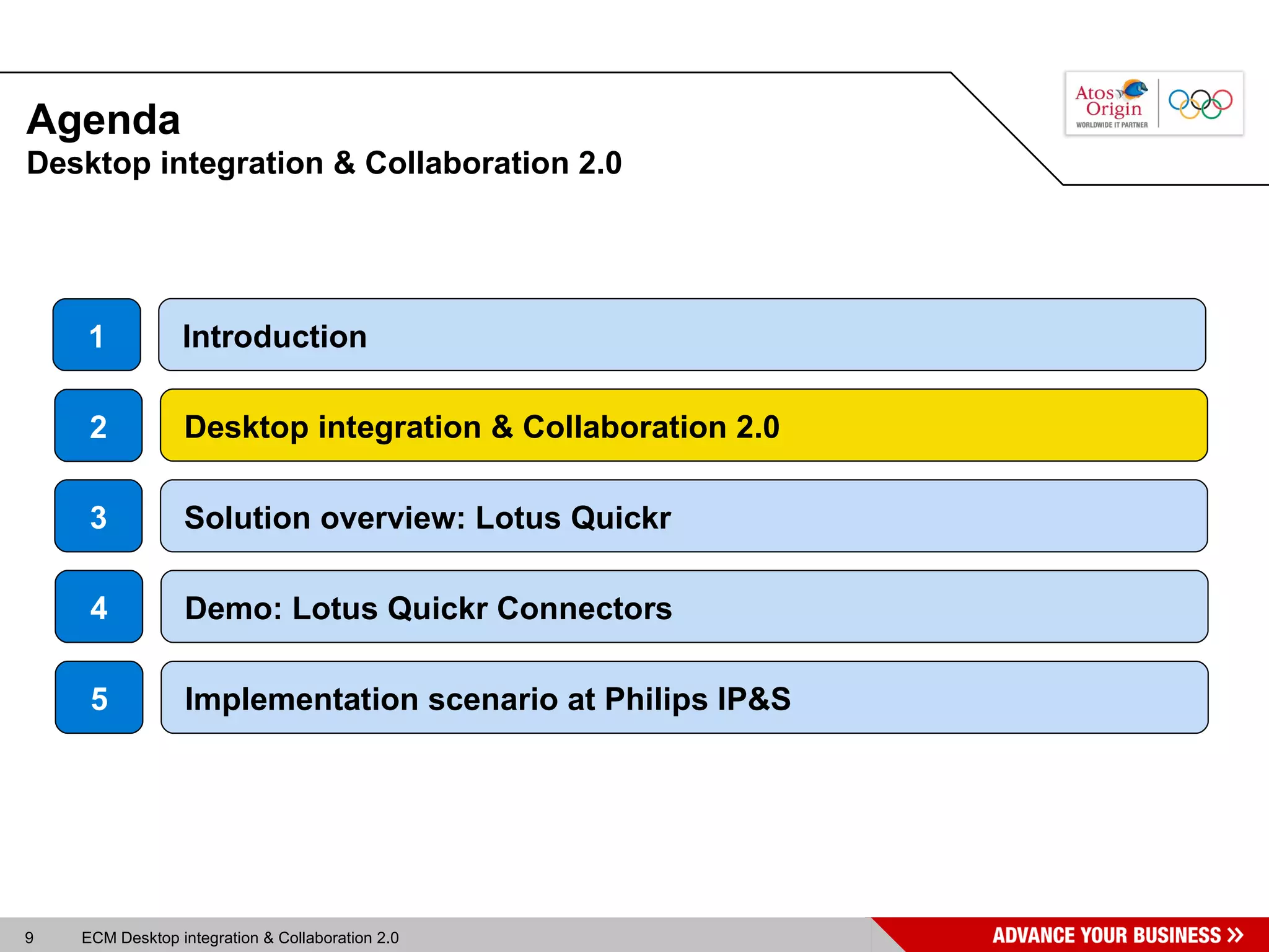 Agenda Desktop integration & Collaboration 2.0 2 Desktop integration & Collaboration 2.0  Introduction 1 Desktop integration & Collaboration 2.0 3 Solution overview: Lotus Quickr 4 Demo: Lotus Quickr Connectors 5 Implementation scenario at Philips IP&S 