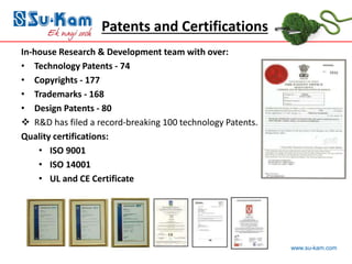 www.su-kam.com
Patents and Certifications
In-house Research & Development team with over:
• Technology Patents - 74
• Copyrights - 177
• Trademarks - 168
• Design Patents - 80
 R&D has filed a record-breaking 100 technology Patents.
Quality certifications:
• ISO 9001
• ISO 14001
• UL and CE Certificate
 
