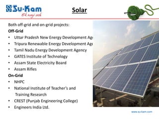 www.su-kam.com
Solar
Both off-grid and on-grid projects:
Off-Grid
• Uttar Pradesh New Energy Development Agency
• Tripura Renewable Energy Development Agency
• Tamil Nadu Energy Development Agency
• GATES Institute of Technology
• Assam State Electricity Board
• Assam Rifles
On-Grid
• NHPC
• National Institute of Teacher’s and
Training Research
• CREST (Punjab Engineering College)
• Engineers India Ltd.
 