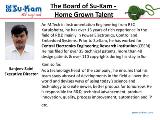 www.su-kam.com
Sanjeev Saini
Executive Director
An M.Tech in Instrumentation Engineering from REC
Kurukshetra, he has over 13 years of rich experience in the
field of R&D mainly in Power Electronics, Control and
Embedded Systems. Prior to Su-Kam, he has worked for
Central Electronics Engineering Research Institution (CEERI).
He has filed for over 35 technical patents, more than 40
design patents & over 110 copyrights during his stay in Su-
Kam so far.
As a technology head of the company , he ensures that his
team stays abreast of developments in the field all over the
world and devises ways of using today’s science and
technology to create newer, better producs for tomorrow. He
is responsible for R&D, technical advancement, product
innovation, quality, process improvement, automation and IP
etc.
The Board of Su-Kam -
Home Grown Talent
 