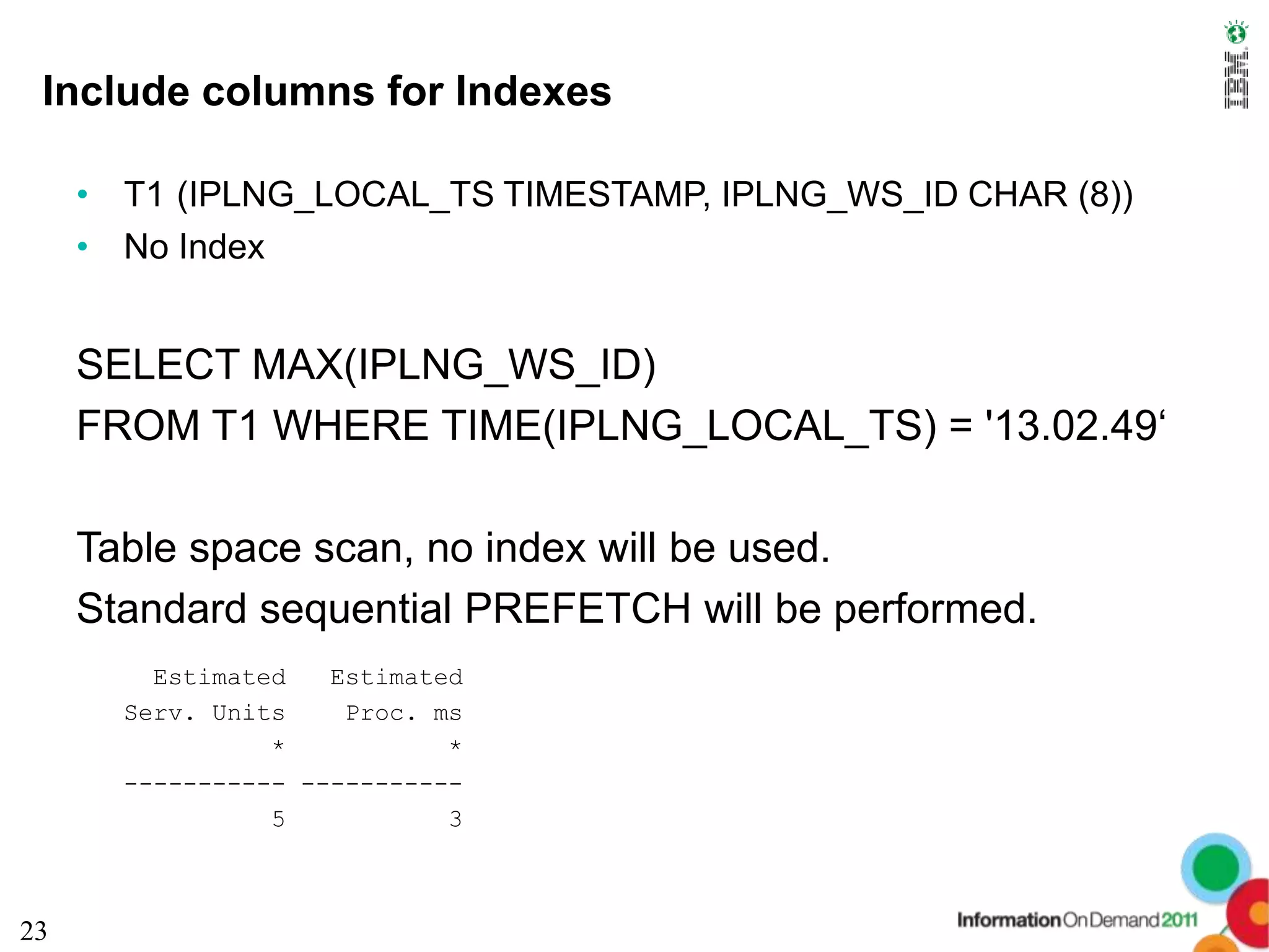 Include columns for Indexes

     • T1 (IPLNG_LOCAL_TS TIMESTAMP, IPLNG_WS_ID CHAR (8))
     • No Index


     SELECT MAX(IPLNG_WS_ID)
     FROM T1 WHERE TIME(IPLNG_LOCAL_TS) = '13.02.49‘

     Table space scan, no index will be used.
     Standard sequential PREFETCH will be performed.
         Estimated   Estimated
       Serv. Units    Proc. ms
                 *           *
       ----------- -----------
                 5           3



23
 