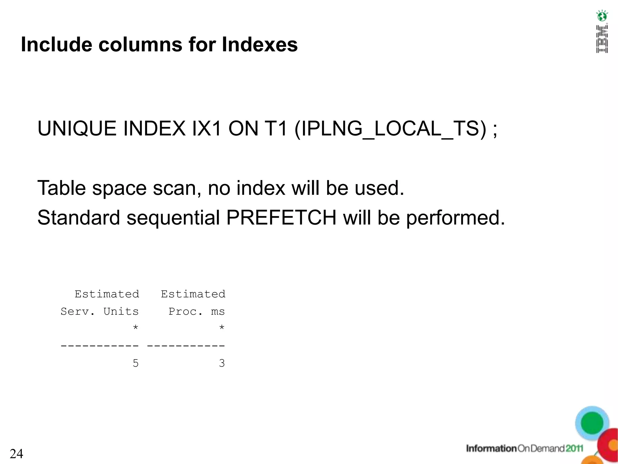 Include columns for Indexes



     UNIQUE INDEX IX1 ON T1 (IPLNG_LOCAL_TS) ;

     Table space scan, no index will be used.
     Standard sequential PREFETCH will be performed.


         Estimated   Estimated
       Serv. Units    Proc. ms
                 *           *
       ----------- -----------
                 5           3




24
 