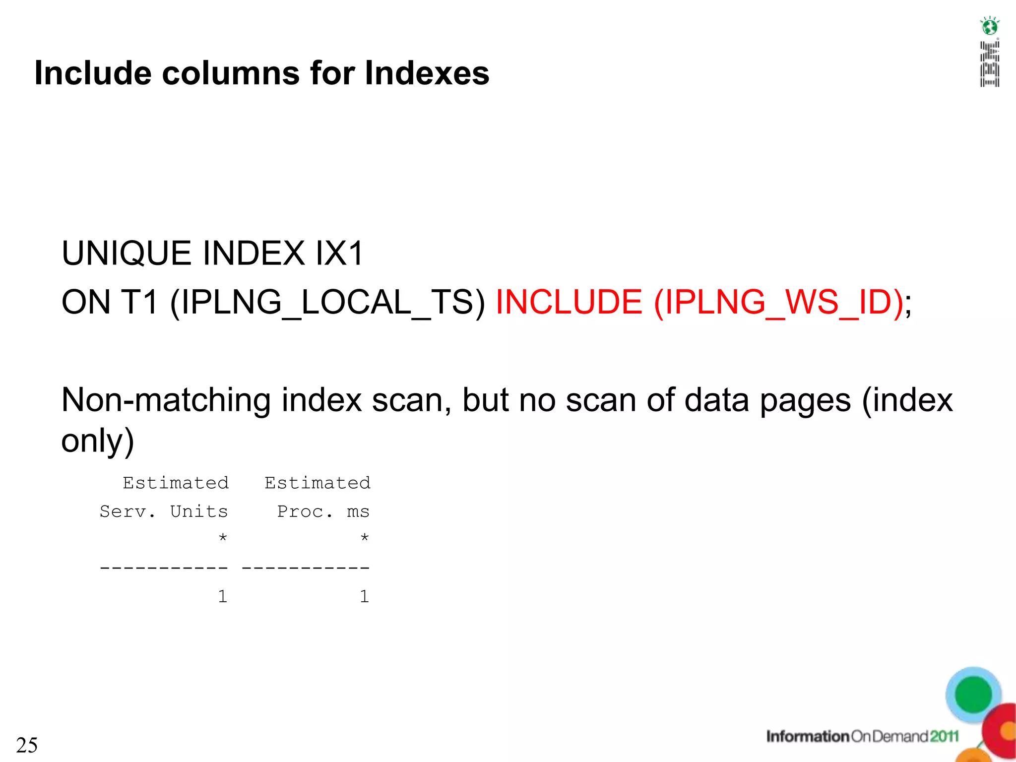 Include columns for Indexes




     UNIQUE INDEX IX1
     ON T1 (IPLNG_LOCAL_TS) INCLUDE (IPLNG_WS_ID);

     Non-matching index scan, but no scan of data pages (index
     only)
         Estimated   Estimated
       Serv. Units    Proc. ms
                 *           *
       ----------- -----------
                 1           1




25
 