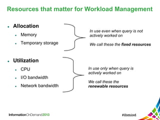 Resources that matter for Workload Management
 Allocation
 Memory
 Temporary storage
 Utilization
 CPU
 I/O bandwidth
 Network bandwidth
In use even when query is not
actively worked on
We call these the fixed resources
In use only when query is
actively worked on
We call these the
renewable resources
 