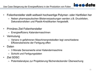 10
Use Case Steigerung der Energieeffizienz in der Produktion von Folien
• Folienhersteller stellt weltweit hochwertige Polymer- oder Hartfolien her
– Neben pharmazeutischen Blisterverpackungen werden z.B. Druckfolien,
Dekorationsfolien und Plastik-Kreditkarten hergestellt.
• Primäres Ziel Folienhersteller
– Energieeffizienz Kalandermaschinen
• Vermutung
– Varianz in gefahrenen Maschinenprotokollen legt verschiedene
Effizienzbereiche der Fertigung offen
• Daten
– 3 Monate Sensorwerte einer Kalandermaschine
– Schicht und Fertigungsdaten
• Ziel SDSC
– Potentialanalyse zur Projektierung flächendeckender Überwachung
 