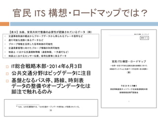 官民 ITS 構想・ロードマップでは？	
!  IT総合戦略本部・2014年6月3日
!  公共交通分野はビッグデータに注目
!  基盤となるバス停、路線、時刻表
データの整備やオープンデータ化は
脚注で触れるのみ
 