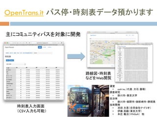 OpenTrans.it バス停・時刻表データ預かります
•  運営
•  aalt inc.（代表：大石 康晴）	
•  調査研究
•  掛川市・東京大学
•  自治体	
•  掛川市・裾野市・御前崎市・静岡県	
•  技術開発
•  池田 大吾（合同会社ナイツオ）	
•  伊藤 昌毅（東京大学）	
•  本庄 義治（YFNSoft）　他	
時刻表入力画面
（CSV入力も可能）	
主にコミュニティバスを対象に開発	
路線図・時刻表
などをWeb閲覧	
 