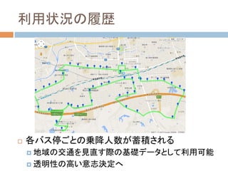 利用状況の履歴	
!  各バス停ごとの乗降人数が蓄積される
!  地域の交通を見直す際の基礎データとして利用可能
!  透明性の高い意志決定へ	
 