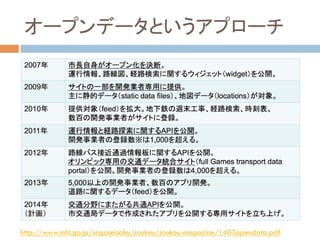 オープンデータというアプローチ	
!  イギリスにて先行（2007年〜）
http://www.mlit.go.jp/sogoseisaku/soukou/soukou-magazine/1403opendata.pdf 	
 
