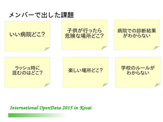 International OpenData 2015 in Kosai
メンバーで出した課題
いい病院どこ？
ラッシュ時に
混むのはどこ？
子供が行ったら
危険な場所どこ？
楽しい場所どこ？
病院での診断結果
がわからない
学校のルールが
わからない
 