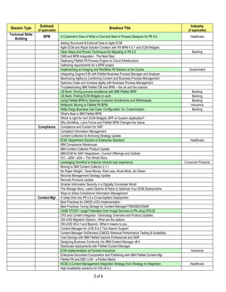 Session Type        Subtrack                                             Breakout Title                                Industry
                   (if applicable)                                                                                   (if applicable)
Technical Skills
                       BPM           A Customer's View of What is Cool and New in Process Designer for P8 4.5.        Healthcare
   Building
                                     Adding Structured & External Data to Agile ECM
                                     Agile ECM and Rapid Solution Creation with P8 BPM 4.5.1 and ECM Widgets
                                     Clear Steps and Proven Techniques for Migrating to P8 4.5                          Banking
                                     CM8 and BPM Integration - The Next Step
                                     Deploying FileNet P8 Process Engine on Cloud Infrastructure
                                     Gathering requirements for a BPM project.
                                     Implementing an Imaging and Workflow P8 Solution at the Courts                   Government
                                     Integrating Cognos 8 BI with FileNet Business Process Manager and Analyzer
                                     Maximizing Agility by Combining Content and Business Process Management
                                     Optimize Costs and Increase Agility with Business Process Management
                                     Troubleshooting IBM FileNet CM and BPM – the art and the science
                                     US Bank: Driving process excellence with IBM FileNet BPM                           Banking
                                     US Bank: Putting ECM Widgets to work                                               Banking
                                     Using FileNet BPM to Optimize Customer Enrollments and Withdrawals                 Banking
                                     Wellpoint: Moving to FileNet P8 BPM                                               Insurance
                                     Wells Fargo Business Use Case: Configuration Vs. Customization                     Banking
                                     What's New in IBM FileNet BPM
                                     Which is right for me? ECM Widgets, BPF or Custom Application?
                                     Why Workflow, Lotus Forms and FileNet BPM Changes the Game
                   Compliance        Compliance and Content for SAP
                                     Compliant Information Management
                                     Content Collection & Archiving Strategy Update
                                     ECM: Department Solution to Enterprise Standard                                  Healthcare
                                     IBM Compliance Warehouse
                                     IBM Content Collector Product Update
                                     IBM ECM for SAP Integrations - Current Offerings and Outlook
                                     ICC - eDM - eDA -- The Whole Story
                                     Leveraging Omnifind to improve intranet user experience                       Consumer Products
                                     Moving to IBM Content Collector 2.1.1
                                     No Paper Weight - Save Money, Risk Less, Know More, Go Green
                                     Records Management Strategy Update
                                     Records Products Update
                                     Smarter Information Security in a Digitally Connected World
                                     The Storage Story: Latest Options & Plans to Optimize Your ECM Deployments
                                     Ways to Solve Compliance Information Management
                   Content Mgr       A Deep Dive into P8 4.5.x Cross-System Deployment
                                     Best Practices for CMOD z/OS Implementation
                                     Best Practices Tuning Storage for Content Manager/TSM/DB2/SSAM
                                     CASE STUDY: Large Federation from Image Services to P8 using CFS-IS
                                     CFS and Content Integrator: Technology Overview and Product Updates
                                     CM z/OS Migration Options - What are the options
                                     CM z/OS V8.4.1 and Beyond - What it means to you
                                     Content Manager for z/OS 8.4.2 Text Search Support
                                     Content Manager OnDemand (CMOD) Retrieval Performance Testing & Scalability
                                     Cost Savings with IBM FileNet Capture Professional and ADR
                                     Designing Business Continuity into IBM Content Manager v8.4
                                     Distributed deployments with FileNet Content Manager
                                     ECM implementation at Farmers Insurance                                           Insurance
                                     Enterprise Document Composition and Publishing with IBM FileNet Content Mgr
                                     FileNet P8 and DB2 LUW - a Perfect Match
                                     HCSC’s Content Management Integration Strategy from Strategy to Integration      Healthcare
                                     High Availability solutions for CM v8.4.2

                                                              3 of 4
 
