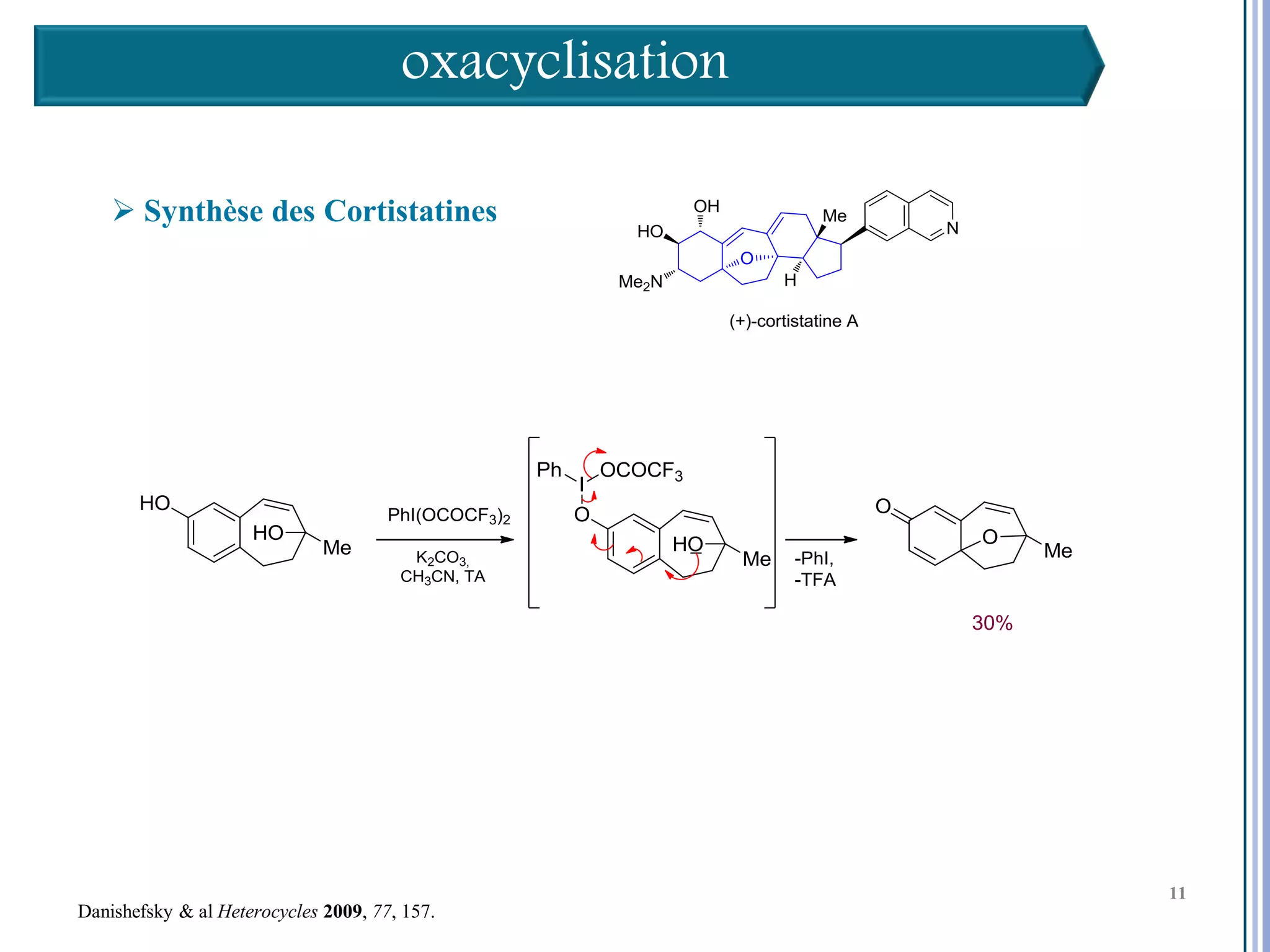 oxacyclisation

     Synthèse des Cortistatines




                                                        11

                                                             11
                                                             11
Danishefsky & al Heterocycles 2009, 77, 157.
 