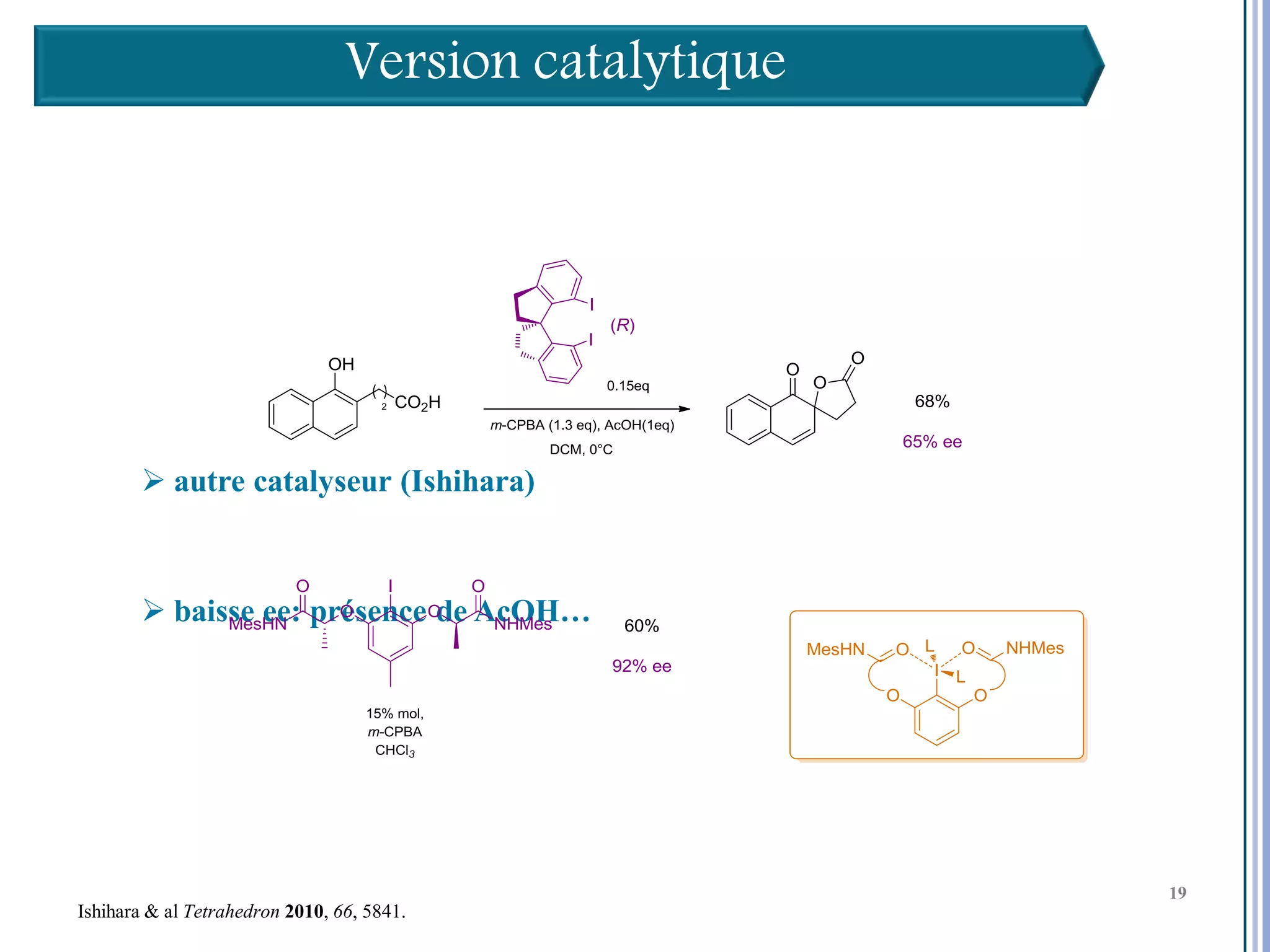 Version catalytique




        autre catalyseur (Ishihara)



        baisse ee: présence de AcOH…




                                                       19

                                                            19
                                                            19
Ishihara & al Tetrahedron 2010, 66, 5841.
 