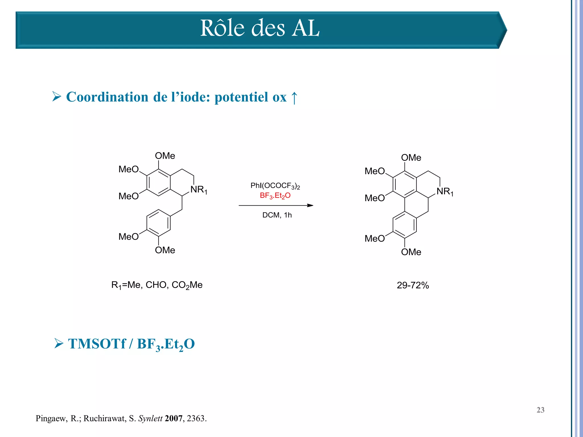 Rôle des AL

     Coordination de l’iode: potentiel ox ↑




     TMSOTf / BF3.Et2O

                                                           23

                                                                23
                                                                23
Pingaew, R.; Ruchirawat, S. Synlett 2007, 2363.
 