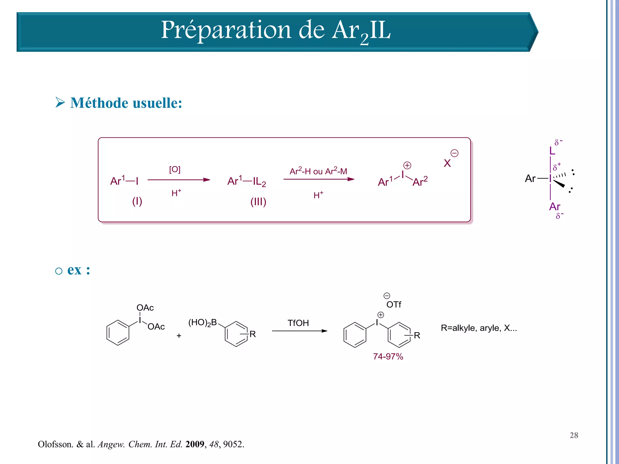 Préparation de Ar2IL

     Méthode usuelle:




    o ex :




                                                        28

                                                             28
                                                             28
Olofsson. & al. Angew. Chem. Int. Ed. 2009, 48, 9052.
 
