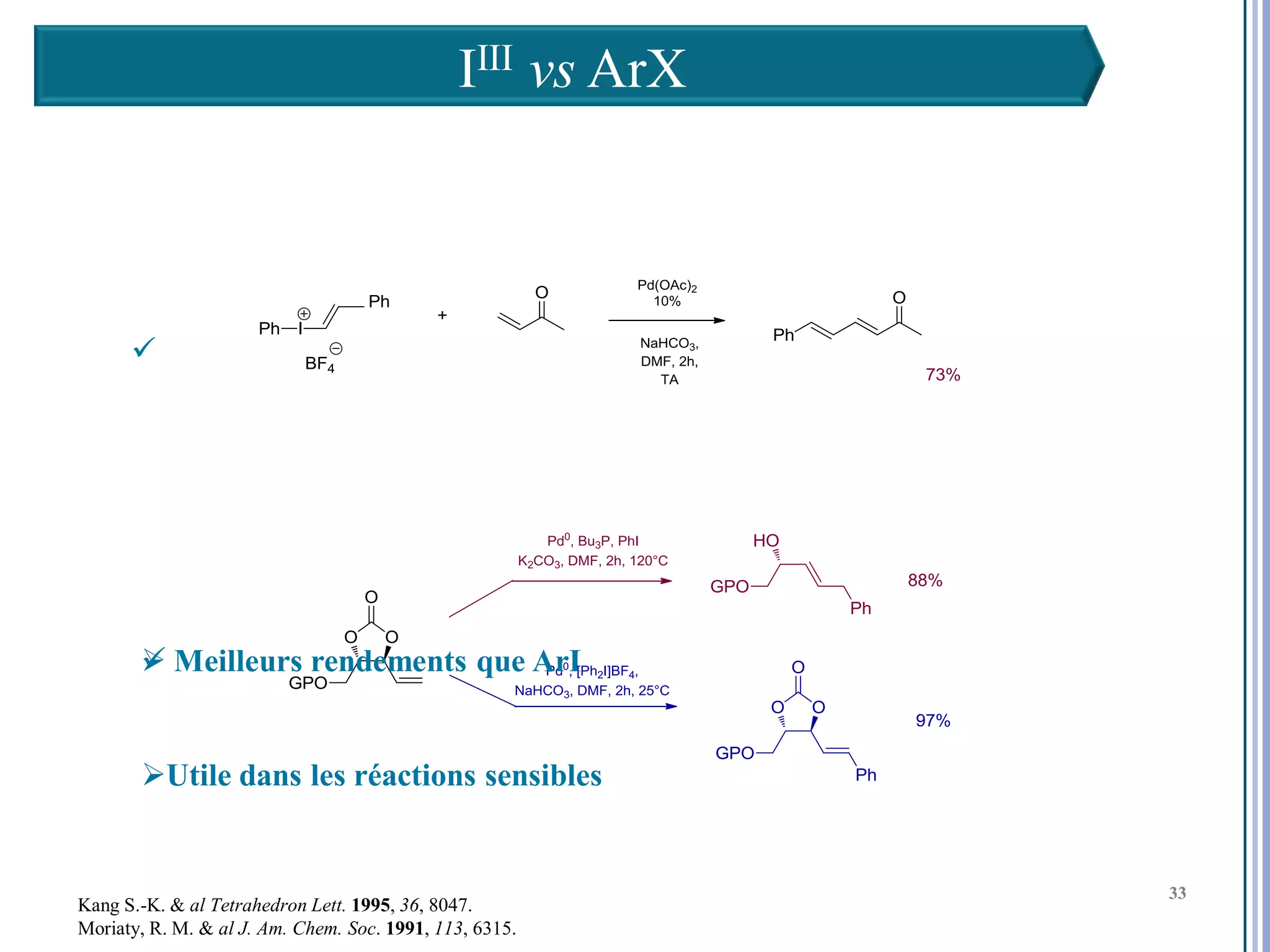 IIII vs ArX



      




       
        Meilleurs rendements que ArI


       Utile dans les réactions sensibles
                                                            33

                                                                 33
                                                                 33
Kang S.-K. & al Tetrahedron Lett. 1995, 36, 8047.
Moriaty, R. M. & al J. Am. Chem. Soc. 1991, 113, 6315.
 