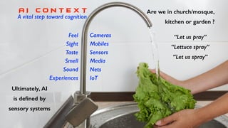 A I C O N T E X T
A vital step toward cognition
Feel
Sight
Taste
Smell
Sound
Experiences
Cameras
Mobiles
Sensors
Media
Nets
IoT
“Let us pray”
“Lettuce spray”
“Let us spray”
Are we in church/mosque,
kitchen or garden ?
Ultimately, AI
is deﬁned by
sensory systems
 