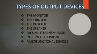  THE MONITOR
 THE PRINTER
 THE PLOTTER
 THE SPEAKER
 FACSIMILE TRANSMISSION
 INTERNET TELEPHONY
 MULTIFUNCTIONAL DEVICES
 