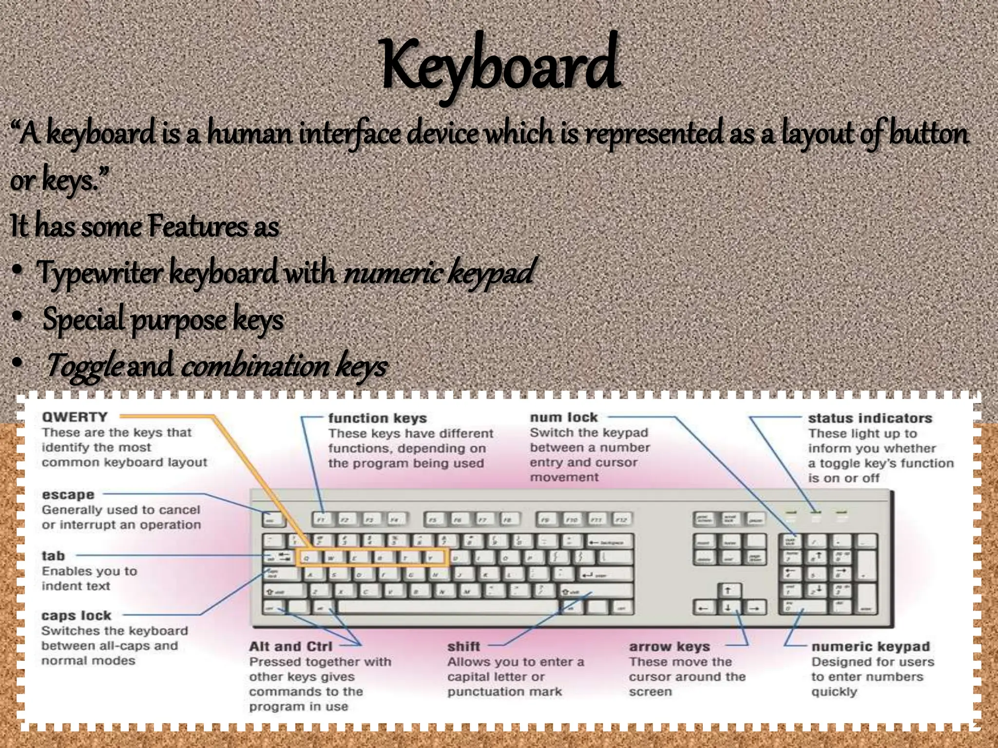 Keyboard
“A keyboardis a humaninterface device whichis representedas a layout of button
or keys.”
It has some Features as
• Typewriter keyboard with numerickeypad
• Special purposekeys
• Toggleand combinationkeys
 
