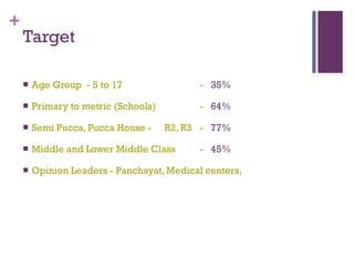 Target  Age Group  - 5 to 17   -  35% Primary to metric (Schools)  -  64%  Semi Pucca, Pucca House -  R2, R3 -  77% Middle and Lower Middle Class -  45% Opinion Leaders - Panchayat, Medical centers,  