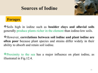 Sources of Iodine
Soils high in iodine such as boulder clays and alluvial soils
generally produce plants richer in the element than iodine-low soils.
However, correlations between soil iodine and plant iodine are
often poor because plant species and strains differ widely in their
ability to absorb and retain soil iodine.
Proximity to the sea has a major influence on plant iodine, as
illustrated in Fig.12.4.
Forages
15
 