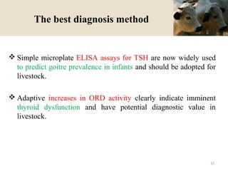 The best diagnosis method
 Simple microplate ELISA assays for TSH are now widely used
to predict goitre prevalence in infants and should be adopted for
livestock.
 Adaptive increases in ORD activity clearly indicate imminent
thyroid dysfunction and have potential diagnostic value in
livestock.
32
 