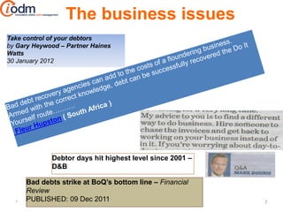 The business issues
Take control of your debtors
by Gary Heywood – Partner Haines
Watts
30 January 2012




             Debtor days hit highest level since 2001 –
             D&B

      Bad debts strike at BoQ’s bottom line – Financial
      Review
  *
      PUBLISHED: 09 Dec 2011                              7
 