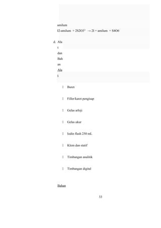 amilum
I2-amilum + 2S2O32-
→ 2I + amilum + S4O6-
d. Ala
t
dan
Bah
an
Ala
t
 Buret
 Filler/karet pengisap
 Gelas arloji
 Gelas ukur
 Iodin flash 250 mL
 Klem dan statif
 Timbangan analitik
 Timbangan digital
Bahan
33
 