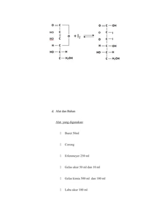 d. Alat dan Bahan
Alat yang digunakan:
 Buret 50ml
 Corong
 Erlenmeyer 250 ml
 Gelas ukur 50 ml dan 10 ml
 Gelas kimia 500 ml dan 100 ml
 Labu ukur 100 ml
 
