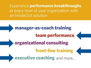 Experience performance breakthroughs
at every level of your organization with
an InsideOut solution

  manager-as-coach training
              team performance
  organizational consulting
            front-line training
  executive coaching and more...
 