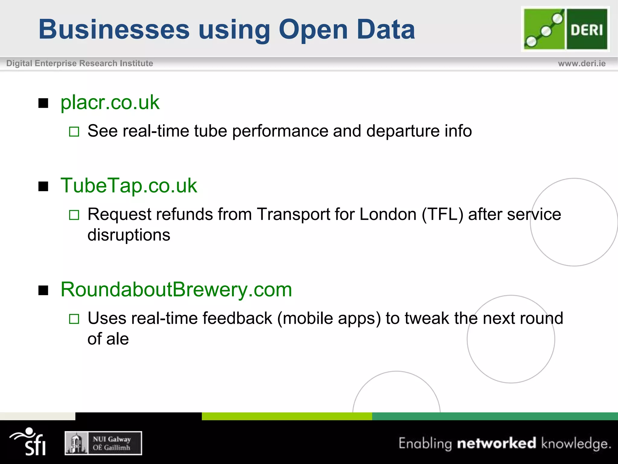 Businesses using Open Data
Digital Enterprise Research Institute                                           www.deri.ie




            placr.co.uk
                   See real-time tube performance and departure info


            TubeTap.co.uk
                   Request refunds from Transport for London (TFL) after service
                    disruptions


            RoundaboutBrewery.com
                   Uses real-time feedback (mobile apps) to tweak the next round
                    of ale
 