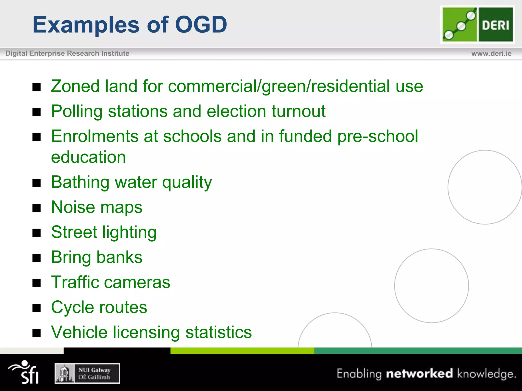 Examples of OGD
Digital Enterprise Research Institute                          www.deri.ie




            Zoned land for commercial/green/residential use
            Polling stations and election turnout
            Enrolments at schools and in funded pre-school
             education
            Bathing water quality
            Noise maps
            Street lighting
            Bring banks
            Traffic cameras
            Cycle routes
            Vehicle licensing statistics
 