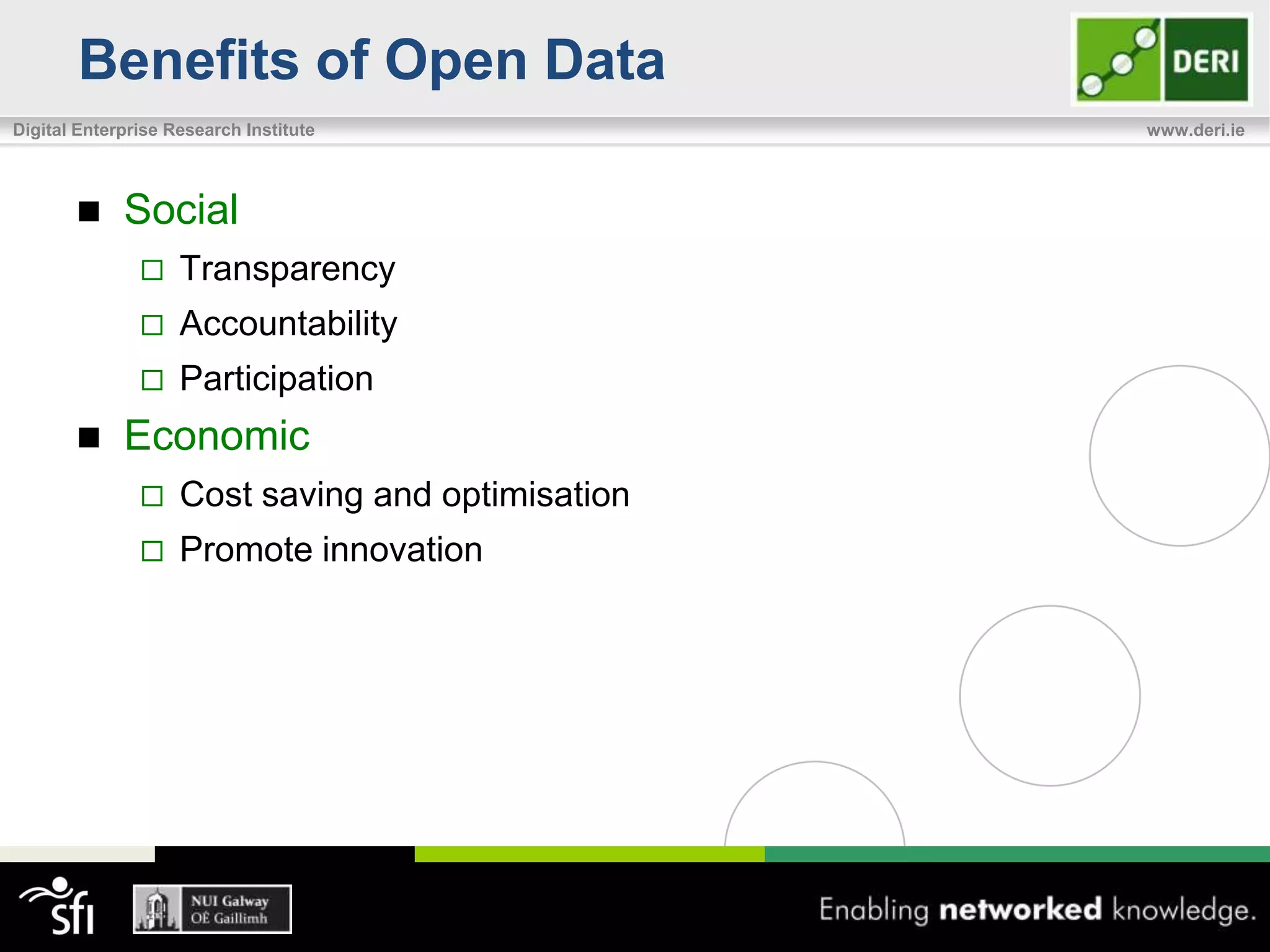 Benefits of Open Data
Digital Enterprise Research Institute              www.deri.ie




            Social
                   Transparency
                   Accountability
                   Participation
            Economic
                   Cost saving and optimisation
                   Promote innovation
 