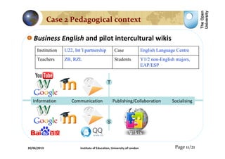 Business English and pilot intercultural wikis
T
S
Information Communication Publishing/Collaboration Socialising
Institution U22, Int’l partnership Case English Language Centre
Teachers ZB, RZL Students Y1/2 non-English majors,
EAP/ESP
Page 11/21
Case 2 Pedagogical context
20/06/2013 Institute of Education, University of London
 