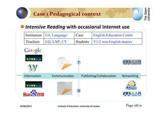 Intensive Reading with occasional Internet use
T
S
Information Communication Publishing/Collaboration Networking
Institution U4, Language Case English Education Centre
Teachers LQ, LXP, CY Students Y1/2 non-English majors
Page 08/21
Case 1 Pedagogical context
20/06/2013 Institute of Education, University of London
 