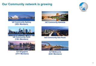 5
IoE Community Perth
(130+ Members)
IoE Community Sydney
(385+ Members)
IoT Singapore
(377+ Members)
Our Community network is growing
IoE Community Adelaide
IoE Community Sao Paulo
IoT Melbourne
(630+ Members)
 