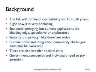 Background
• The IoE will dominate our industry for 10 to 20 years
• Right now, it is very confusing
• Standards emerging, but current applications are
bleeding edge, speculative or exploratory
• Security and privacy risks dominate today
• But functional and integration complexity challenges
must also be overcome
• There are also broader societal risks
• Government, companies and individuals need to pay
attention.
Slide 3Intelligent Definition and Assurance
 
