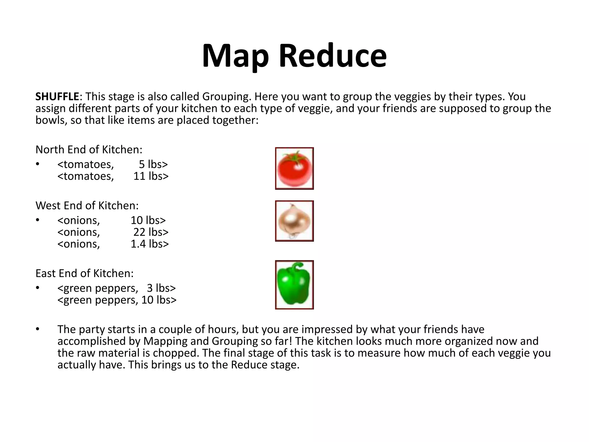 Map Reduce
SHUFFLE: This stage is also called Grouping. Here you want to group the veggies by their types. You
assign different parts of your kitchen to each type of veggie, and your friends are supposed to group the
bowls, so that like items are placed together:
North End of Kitchen:
• <tomatoes, 5 lbs>
<tomatoes, 11 lbs>
West End of Kitchen:
• <onions, 10 lbs>
<onions, 22 lbs>
<onions, 1.4 lbs>
East End of Kitchen:
• <green peppers, 3 lbs>
<green peppers, 10 lbs>
• The party starts in a couple of hours, but you are impressed by what your friends have
accomplished by Mapping and Grouping so far! The kitchen looks much more organized now and
the raw material is chopped. The final stage of this task is to measure how much of each veggie you
actually have. This brings us to the Reduce stage.
 