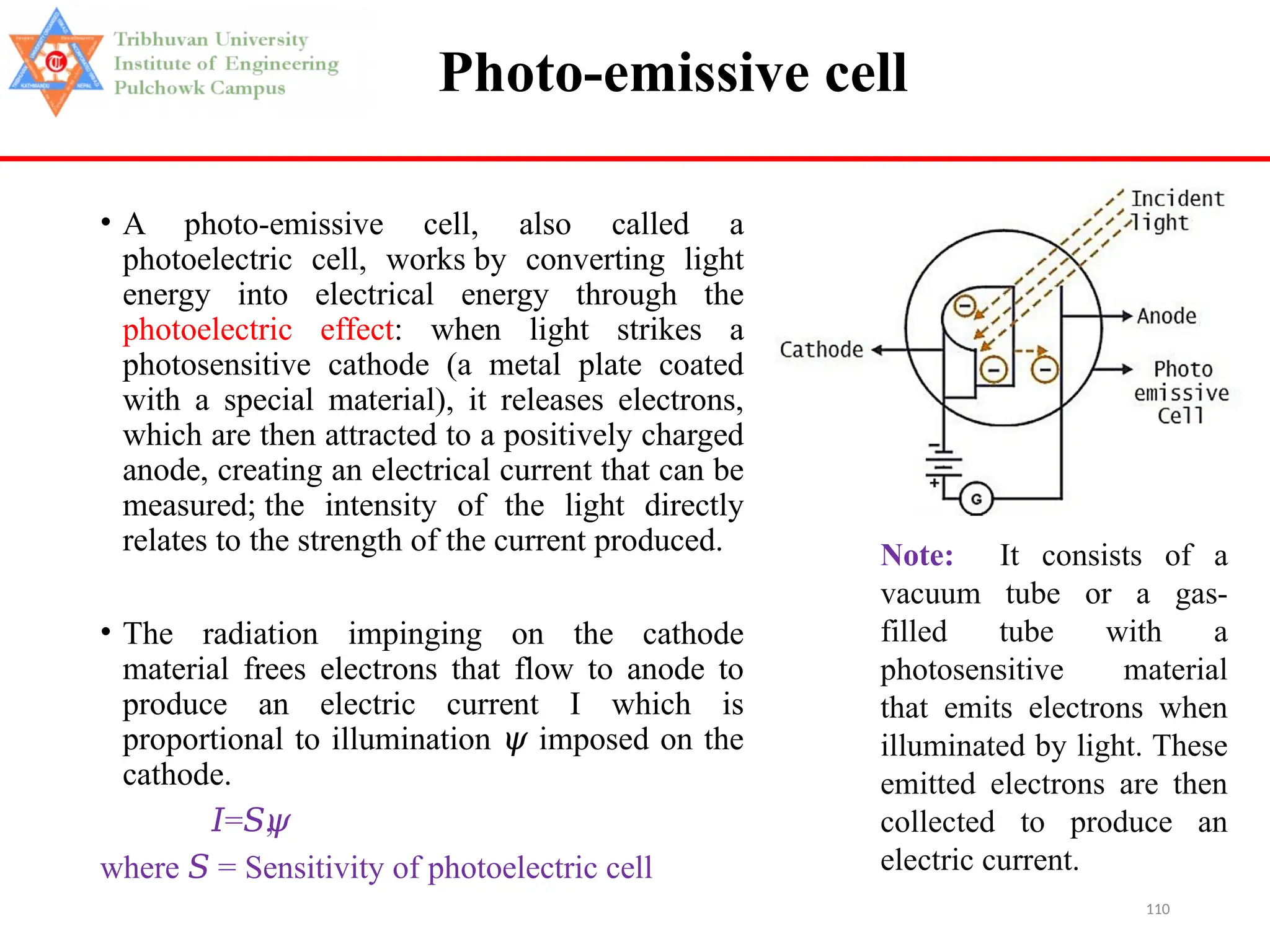 110
Photo-emissive cell
• A photo-emissive cell, also called a
photoelectric cell, works by converting light
energy into electrical energy through the
photoelectric effect: when light strikes a
photosensitive cathode (a metal plate coated
with a special material), it releases electrons,
which are then attracted to a positively charged
anode, creating an electrical current that can be
measured; the intensity of the light directly
relates to the strength of the current produced.
• The radiation impinging on the cathode
material frees electrons that flow to anode to
produce an electric current I which is
proportional to illumination imposed on the
𝜓
cathode.
𝐼= ,
𝑆𝜓
where = Sensitivity of photoelectric cell
𝑆
Note: It consists of a
vacuum tube or a gas-
filled tube with a
photosensitive material
that emits electrons when
illuminated by light. These
emitted electrons are then
collected to produce an
electric current.
 
