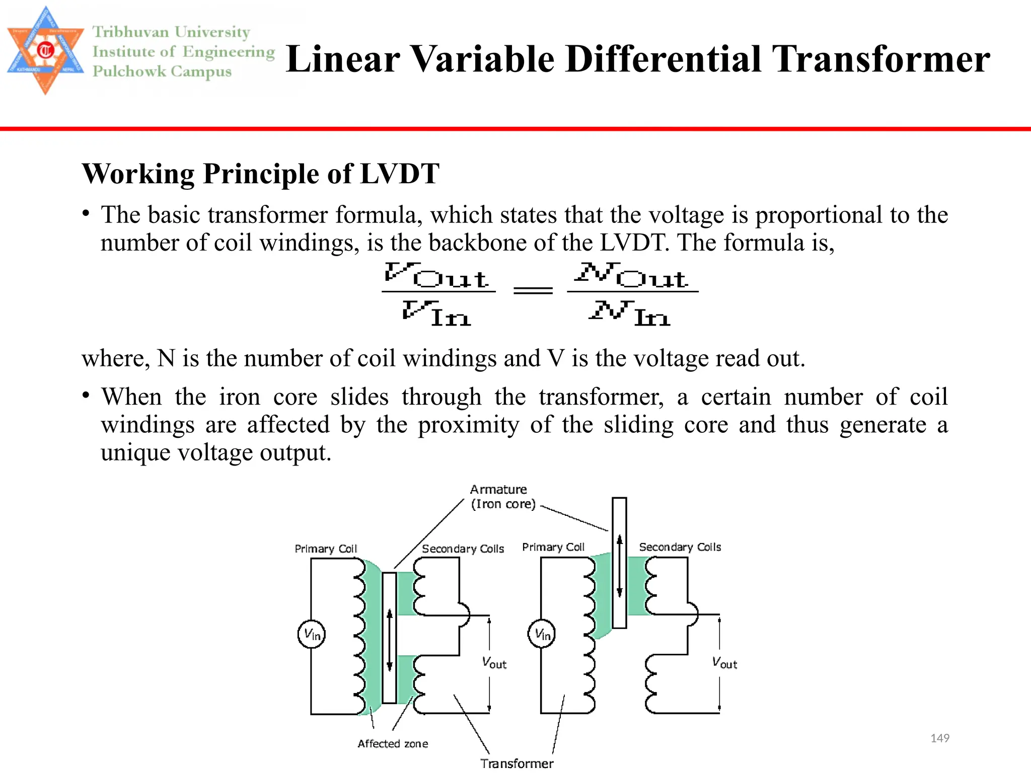149
Linear Variable Differential Transformer
Working Principle of LVDT
• The basic transformer formula, which states that the voltage is proportional to the
number of coil windings, is the backbone of the LVDT. The formula is,
where, N is the number of coil windings and V is the voltage read out.
• When the iron core slides through the transformer, a certain number of coil
windings are affected by the proximity of the sliding core and thus generate a
unique voltage output.
 