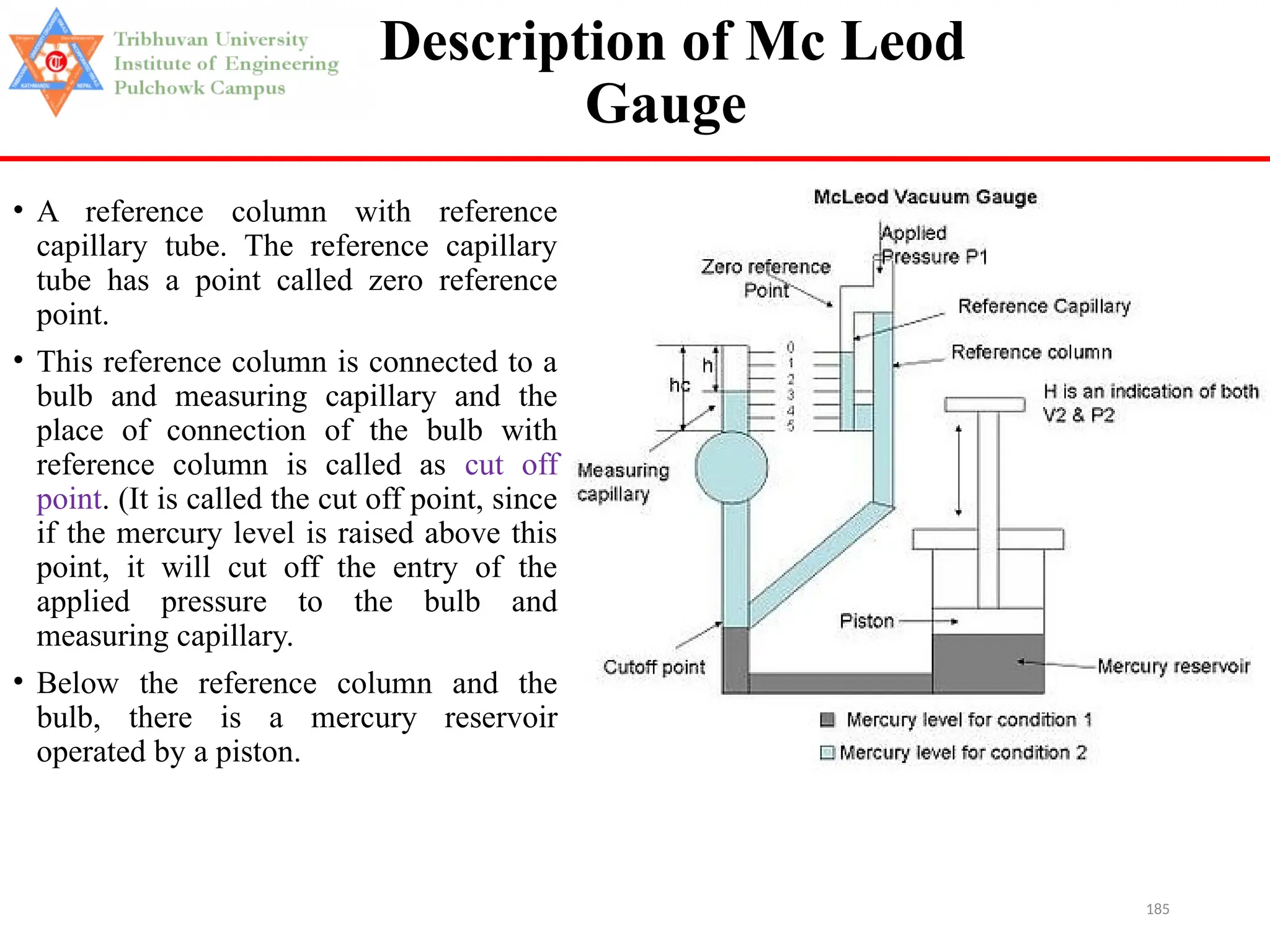 185
Description of Mc Leod
Gauge
• A reference column with reference
capillary tube. The reference capillary
tube has a point called zero reference
point.
• This reference column is connected to a
bulb and measuring capillary and the
place of connection of the bulb with
reference column is called as cut off
point. (It is called the cut off point, since
if the mercury level is raised above this
point, it will cut off the entry of the
applied pressure to the bulb and
measuring capillary.
• Below the reference column and the
bulb, there is a mercury reservoir
operated by a piston.
 